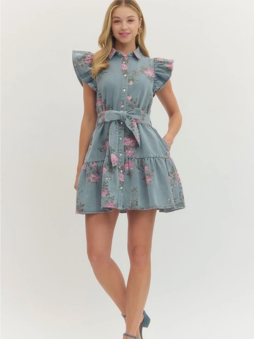 entro Blue Denim Floral Button-Front Tie-Waist Mini Dress